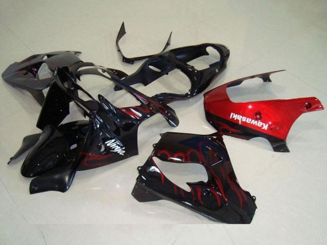 2000-2001 Glossy Black Red Flame Kawasaki ZX9R Motorcycle Fairing