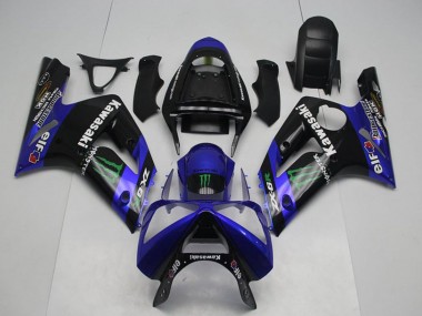 Custom 2003-2004 Glossy Black Blue Green Monster Kawasaki ZX6R Motorcycle Fairings