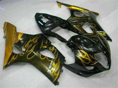 Custom 2003-2004 Glossy Black Gold Flame Suzuki GSXR 1000 Motorcycle Fairings