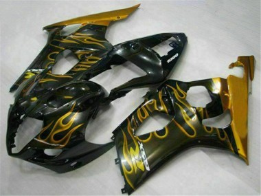 Custom 2003-2004 Glossy Black Gold Flame Suzuki GSXR 1000 Motorcycle Fairings