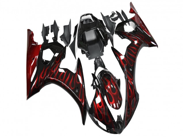 2003-2004 Glossy Black Red Flame Yamaha YZF R6 Motorcycle Fairing