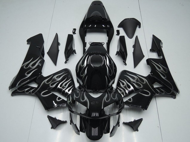 2005-2006 Glossy Black Silver Flame Honda CBR600RR Motorcycle Fairings