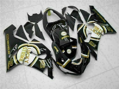 Custom 2005-2006 Glossy Black White Gold Lucky Strike Kawasaki ZX6R Motorcycle Fairings