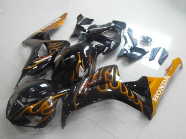 Custom 2006-2007 Glossy Black Gold Flame Honda CBR1000RR Motorcycle Fairings