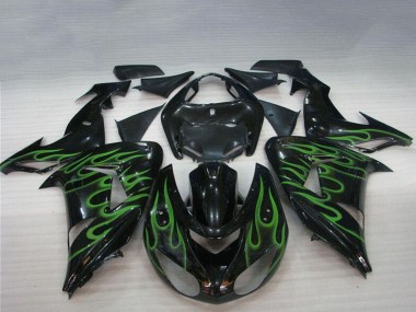 Custom 2006-2007 Glossy Black Green Flame Kawasaki ZX10R Motorcycle Fairings