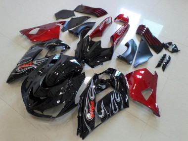 Custom 2006-2011 Red Glossy Black Silver Flame Kawasaki ZX14R ZZR1400 Motorcycle Fairings