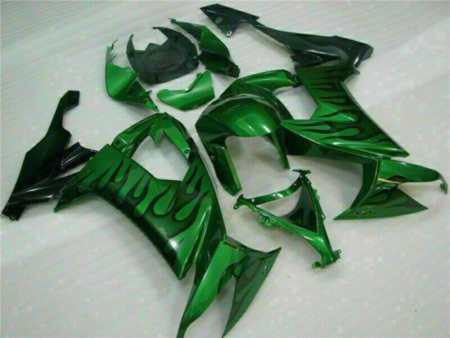 2008-2010 Glossy Black Green Flame Kawasaki ZX10R Motorcycle Fairings