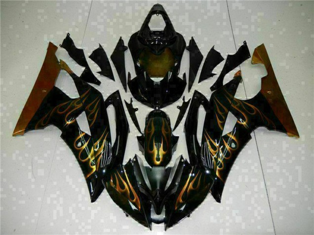2008-2016 Glossy Black Gold Flame Yamaha YZF R6 Motorcycle Fairings