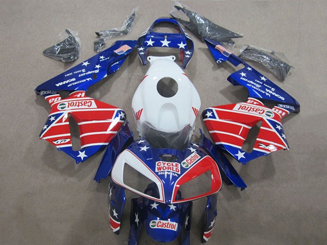 2005-2006 White Red Blue Cycle World Castrol Honda CBR600RR Motorcycle Fairings