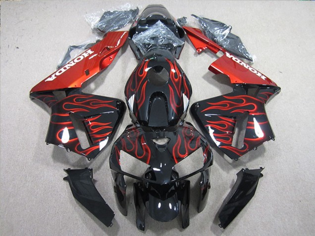 2005-2006 Glossy Black Red Flame Honda CBR600RR Bike Fairings