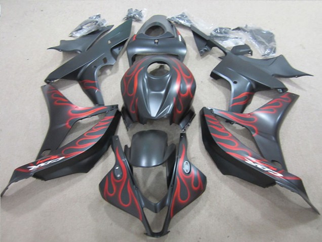 2007-2008 Matte Black Red Flame Honda CBR600RR Motorcycle Fairings