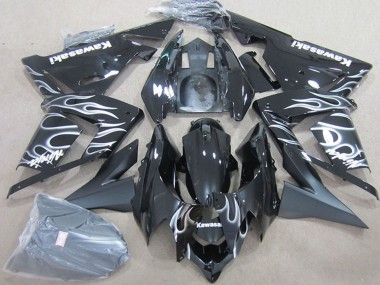 Custom 2004-2005 Black with White Flame Kawasaki ZX10R Motorcycle Fairings