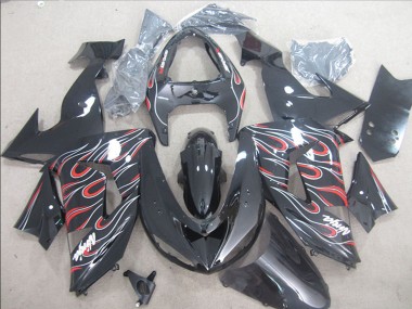 Custom 2006-2007 Glossy Black Red White Flame Kawasaki ZX10R Motorcycle Fairings