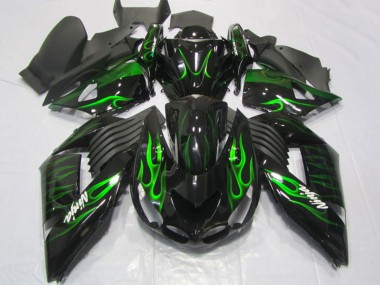 Custom 2006-2011 Glossy Black Green Flame Kawasaki ZX14R ZZR1400 Motorcycle Fairings