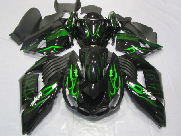 2006-2011 Glossy Black Green Flame Kawasaki ZX14R ZZR1400 Motorcycle Fairings