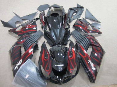 Custom 2006-2011 Glossy Black Red Flame Kawasaki ZX14R ZZR1400 Motorcycle Fairing