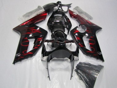 Custom 2003-2004 Glossy Black Red Flame Kawasaki ZX6R Motorcycle Fairing
