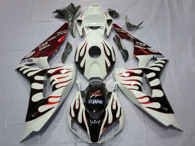 2006-2007 Honda CBR1000RR Motorcycle Fairings - White Red Glossy Black Flame