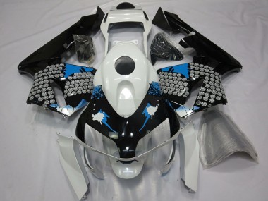Custom 2003-2004 Honda CBR600RR Motorcycle Fairings - White Blue Glossy Black Splatter