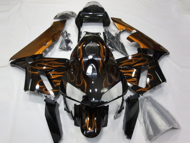 2003-2004 Honda CBR600RR Motorcycle Fairings - Glossy Black Orange Flame