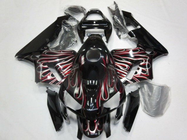 2005-2006 Honda CBR600RR Motorcycle Fairings - Glossy Black Silver Red Flame