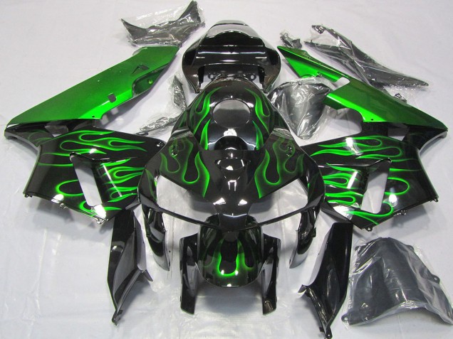 2005-2006 Honda CBR600RR Motorcycle Fairings - Glossy Black Vibrant Green Flame