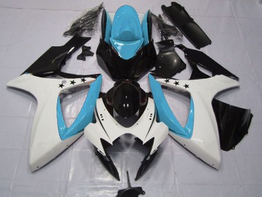 Custom 2006-2007 Suzuki GSXR 600 / GSXR 750 Motorcycle Fairings - Light Blue White Glossy Black Star