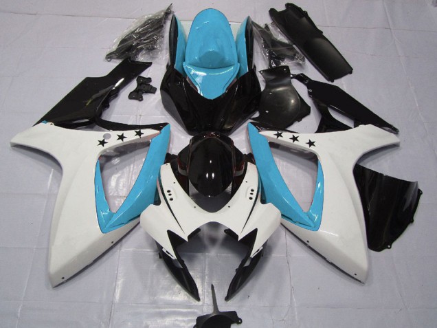 2006-2007 Suzuki GSXR 600 / GSXR 750 Motorcycle Fairings - Light Blue White Glossy Black Star