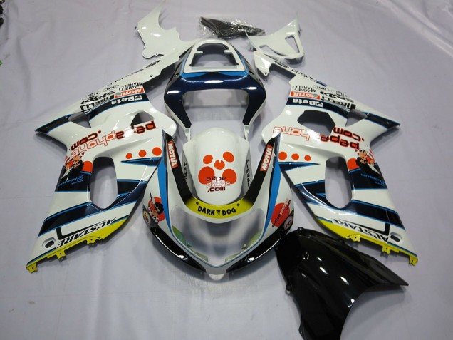 2001-2003 Suzuki GSXR 600 / GSXR 750 Motorcycle Fairings - White Blue Red Yellow Spots