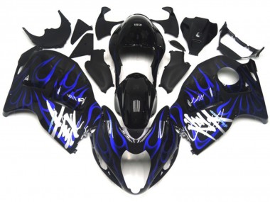 Custom 1996-2007 Suzuki GSXR 1300 Motorcycle Fairings - Glossy Black with Deep Blue Flame