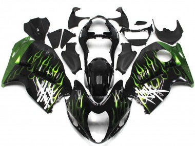 Custom 1996-2007 Suzuki GSXR 1300 Motorcycle Fairings - Glossy Black with Deep Green Flame