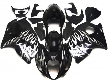Custom 1996-2007 Suzuki GSXR 1300 Motorcycle Fairings - Glossy Black with Silver Flame