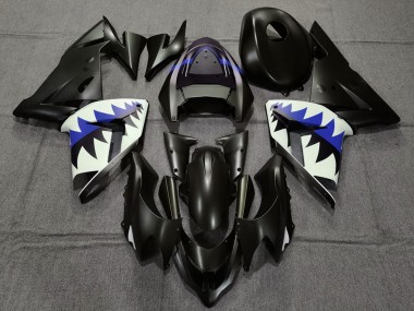 Custom 2004-2005 Kawasaki ZX10R Motorcycle Fairings - Matte Black and Dark Blue Shark