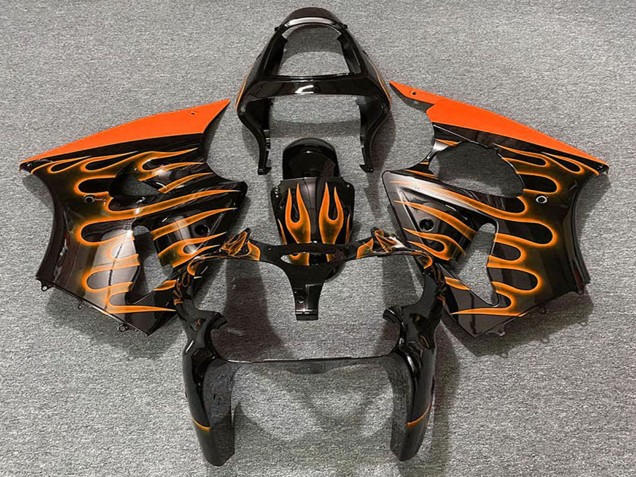 2000-2002 Kawasaki ZX6R Motorcycle Fairings - Glossy Black Orange Flame