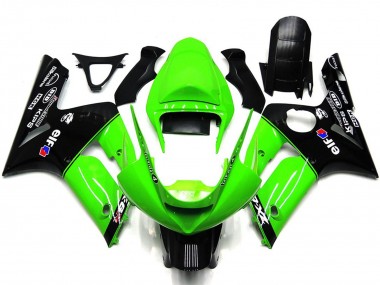 Custom 2003-2004 Kawasaki ZX6R Motorcycle Fairings - Green Glossy Black Elf Silkolene