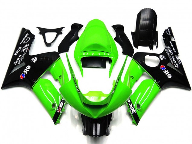 2003-2004 Kawasaki ZX6R Motorcycle Fairings - Green Glossy Black Elf Silkolene