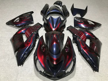 Custom 2006-2011 Kawasaki ZX14R Motorcycle Fairings - Chameleon Blue Black Red Flame