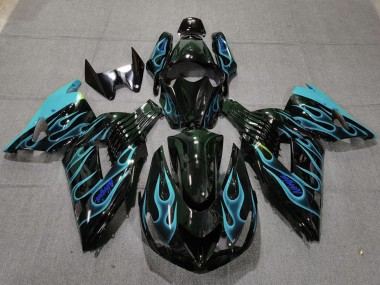 Custom 2006-2011 Kawasaki ZX14R Motorcycle Fairings - Glossy Black Light Blue Flame