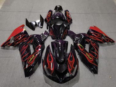 Custom 2006-2011 Kawasaki ZX14R Motorcycle Fairings - Glossy Black Red Flame Gold Ninja