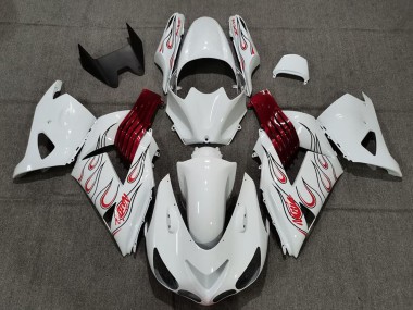 Custom 2006-2011 Kawasaki ZX14R Motorcycle Fairings - White Red Flame