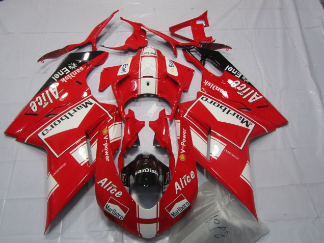 2007-2014 Ducati 848 1098 1198 Motorcycle Fairings - White Red Glossy Black Marlboro Alice
