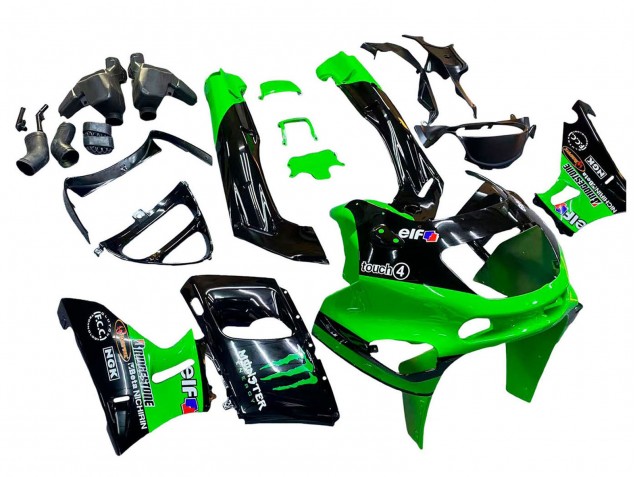 1993-2007 Kawasaki ZZR400 Motorcycle Fairings - Green Glossy Black Green Monster Elf Touch4 Bridgestone