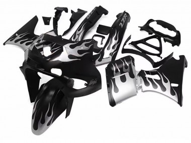 Custom 1993-2007 Kawasaki ZZR400 Motorcycle Fairings - Glossy Black Silver Flame