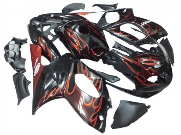 1996-2007 Yamaha YZF600R Thundercat Motorcycle Fairings - Black with Dark Orange Flame