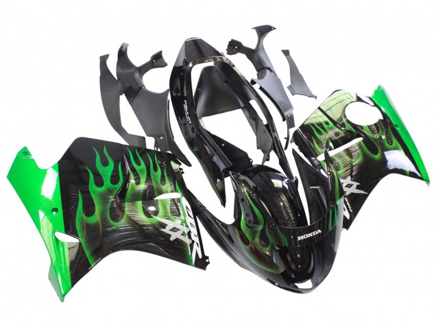1996-2007 Honda CBR1100XX Blackbird Motorcycle Fairing - Glossy Black Green Flame