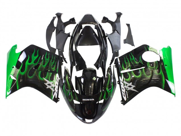 1996-2007 Honda CBR1100XX Blackbird Motorcycle Fairing - Glossy Black Green Flame