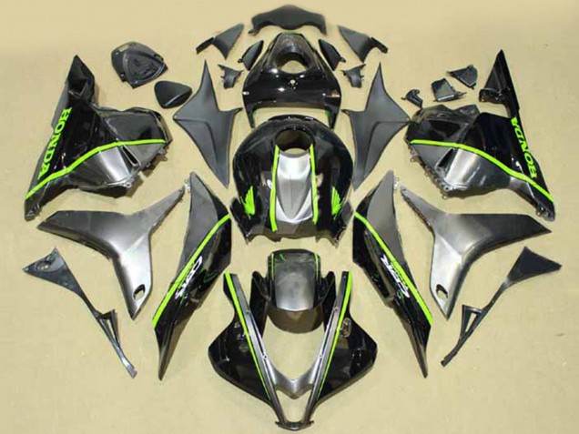 2009-2012 Honda CBR600RR Motorcycle Fairings - Silver Glossy Black with Fluorescent Green Lines