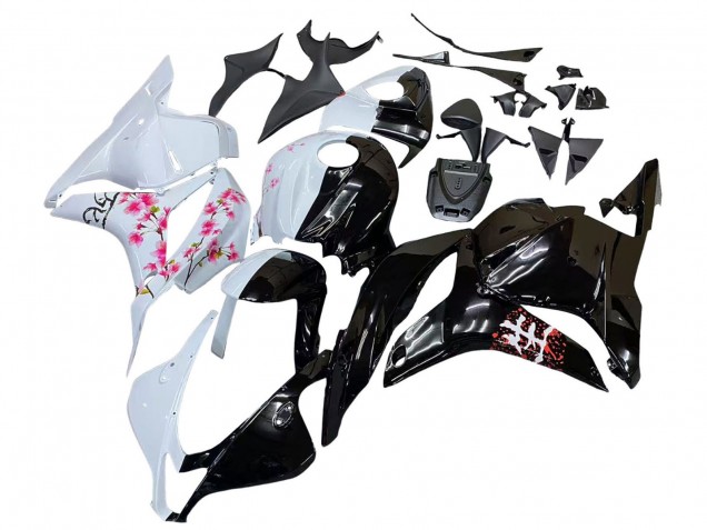 2009-2012 Honda CBR600RR Motorcycle Fairings - White Cherry Blossom Glossy Black