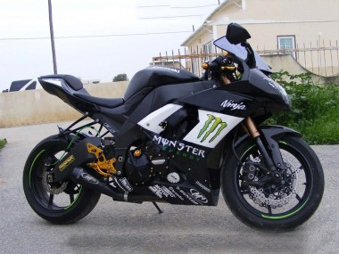 Custom 2008-2010 Kawasaki ZX10R Motorcycle Fairings - Glossy Black White Green Monster Elf