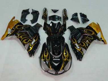 Custom 2006-2011 Kawasaki ZX14R ZZR1400 Motorcycle Fairings - Glossy Black Gold Flame
